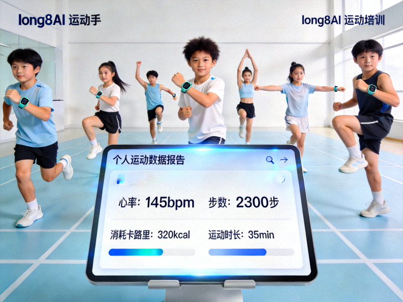 青少年在体育培训机构使用long8AI运动手环进行体能测试，大屏幕显示个人运动数据报告