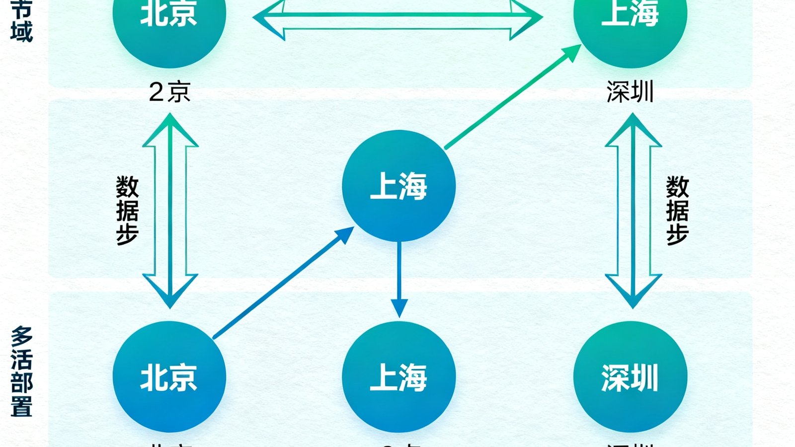long8多活容灾拓扑架构图，展示跨北京、上海、深圳三个地域的五节点多活部署，双向实时同步箭头标示数据流向，故障自动切换时间标注为8秒