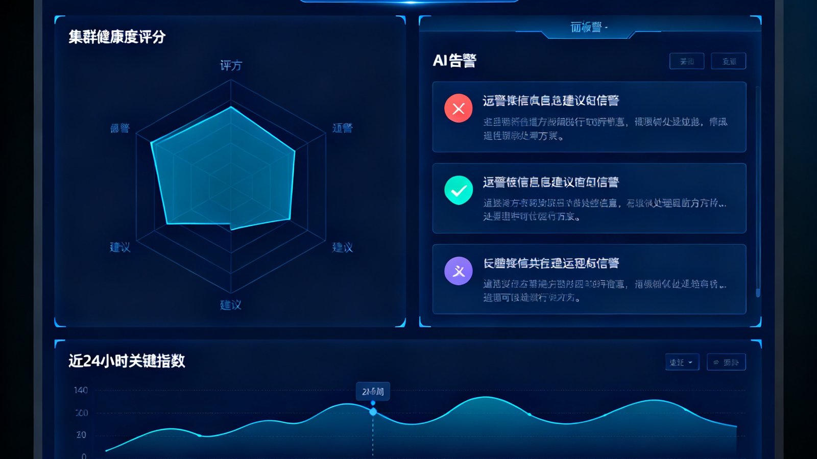 long8智能运维大盘界面截图，左侧展示集群健康度评分雷达图，右侧AI告警面板列举三条预警信息及其建议处理方案，底部滚动显示近24小时关键指标趋势